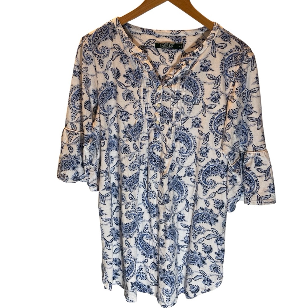 Lauren Ralph Lauren White Blue Paisley Blouse Top Tunic 100% Cotton Size M